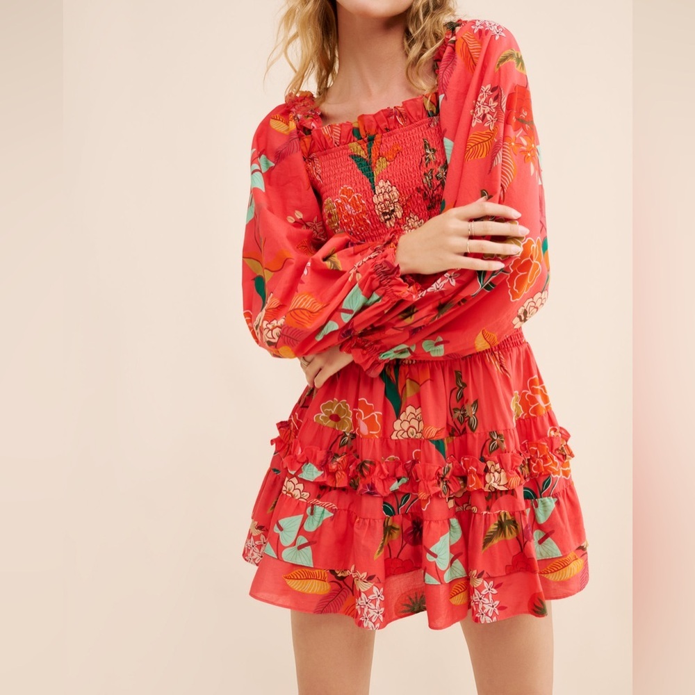 Farm Rio for Anthropologie Smocked Ruffle Floral Mini Dress Size S - Picture 5 of 13